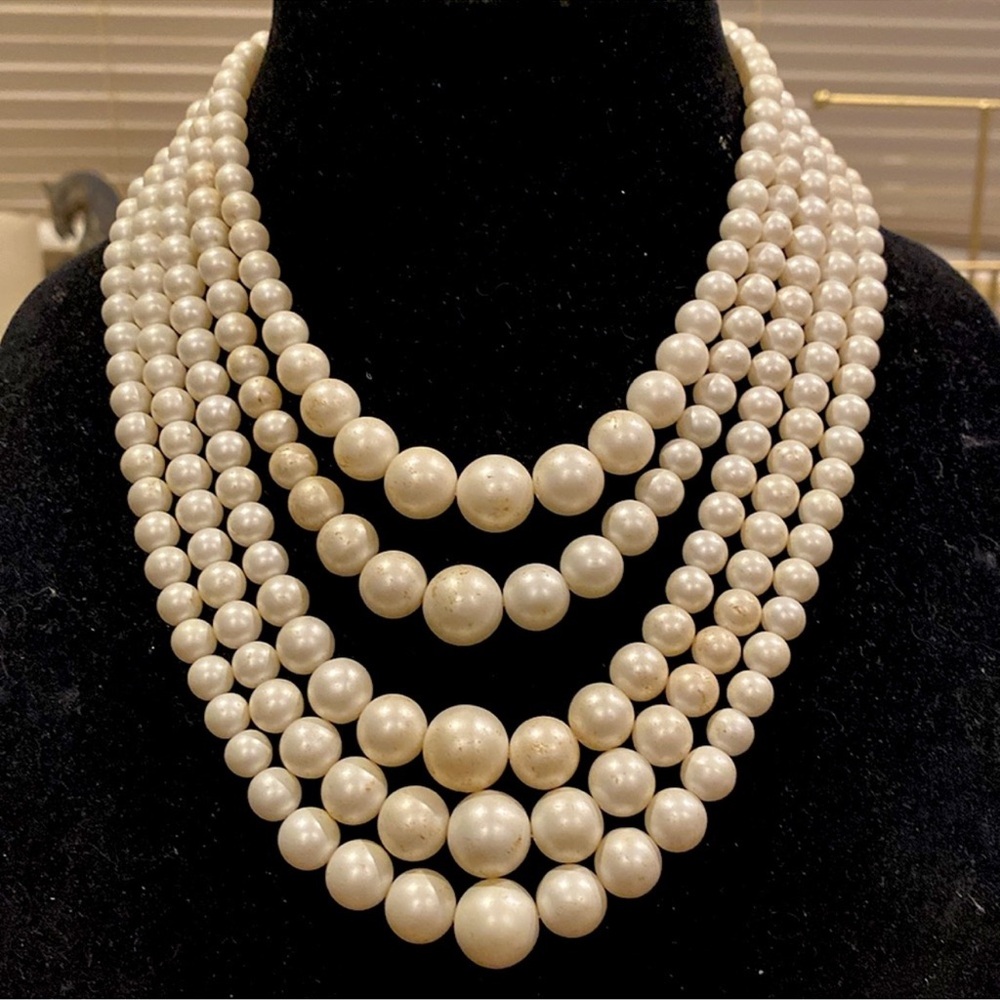 Necklace Japanese Glass Faux Pearls, Silver Tone Hook Clasp.